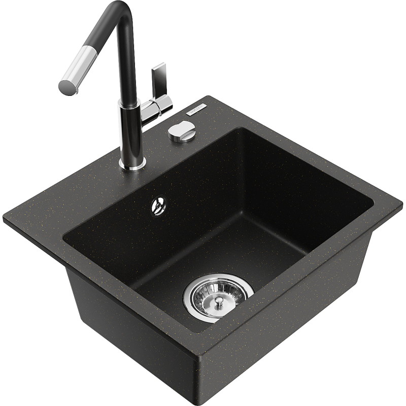Mexen Milo granieten spoelbak met 1 bak en Flora keukenkraan, zwart/goud metallic - 6505-75-670401-07