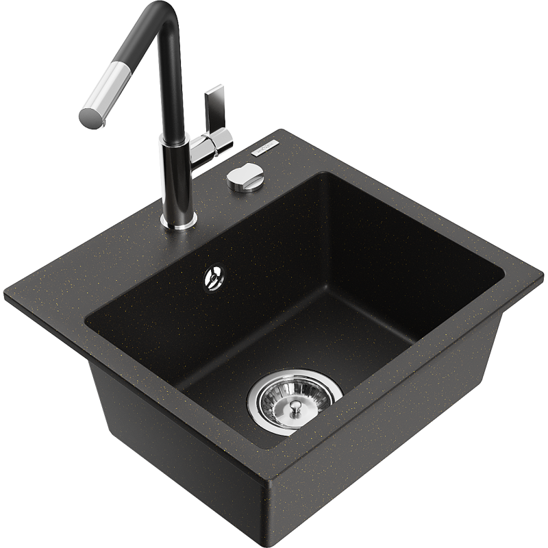 Mexen Milo granieten spoelbak met 1 kom en Flora keukenmengkraan, zwart/gouden metallic - 6505-75-670401-07