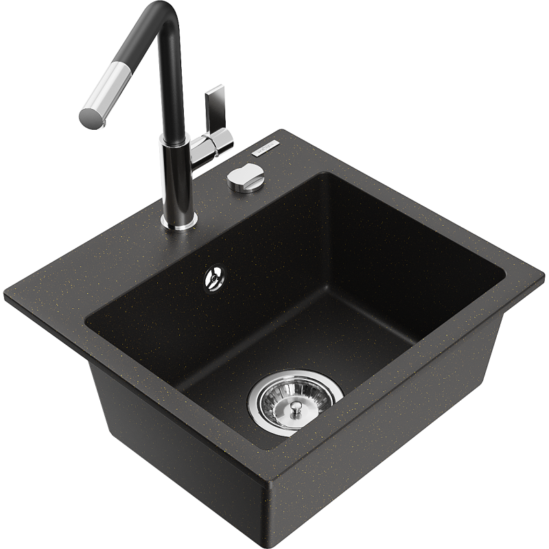 Mexen Milo lava-louça de granito de 1 cuba com misturadora de cozinha Flora, preto/ouro metálico - 6505-75-670401-07