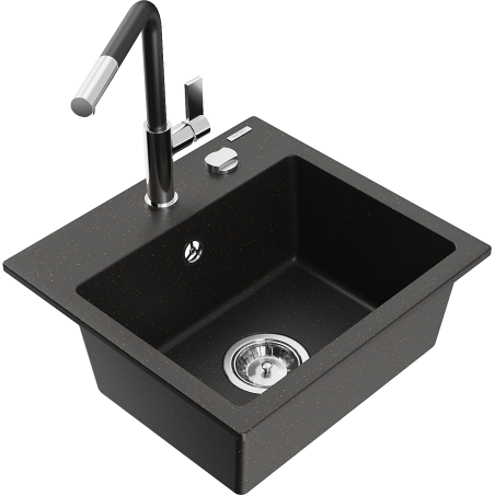 Mexen Milo granieten spoelbak met 1 kom en Flora keukenmengkraan, zwart/gouden metallic - 6505-75-670401-07