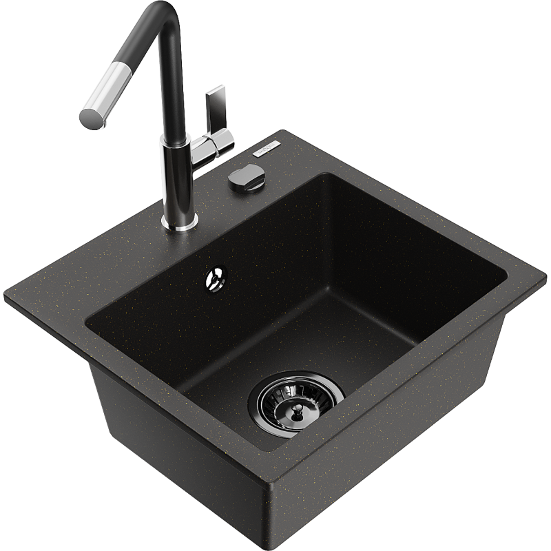Mexen Milo fregadero de granito de 1 seno con grifo de cocina Flora, negro/dorado metálico - 6505-75-670401-07-B