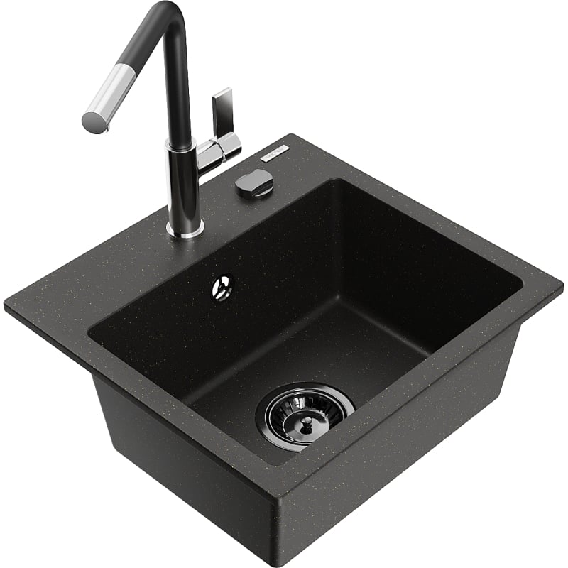 Mexen Milo Granite Kitchen Sink 1-Bowl with Flora Kitchen Faucet, Black/Gold Metallic - 6505-75-670401-07-B