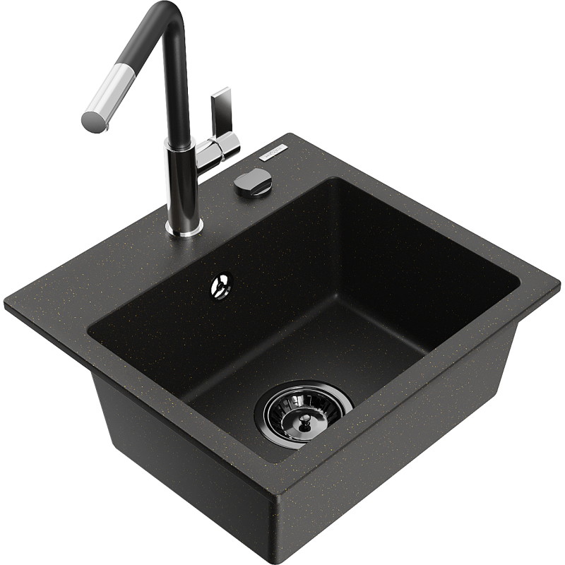 Mexen Milo Granitspüle 1-Becken mit Küchenarmatur Flora, schwarz/gold-metallic - 6505-75-670401-07-B