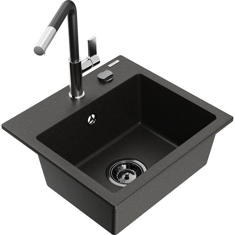 Mexen Milo Granitspüle 1-Kammer mit Küchenarmatur Flora, schwarz/gold metallic - 6505-75-670401-07-B