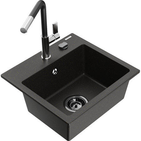 Mexen Milo Granitspüle 1-Kammer mit Küchenarmatur Flora, schwarz/gold metallic - 6505-75-670401-07-B