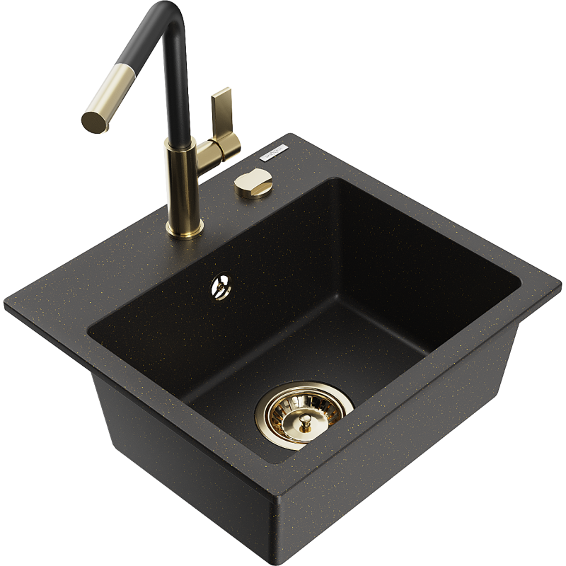 Mexen Milo Granitspüle 1-beckig mit Küchenarmatur Flora, Schwarz/Gold Metallic - 6505-75-670401-57-G