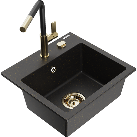 Mexen Milo granieten gootsteen 1-kompartement met keukenmengkraan Flora, zwart/gouden metallic - 6505-75-670401-57-G