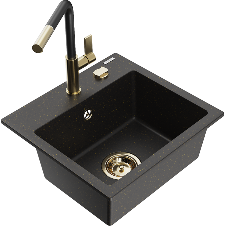Mexen Milo Granitspüle 1-beckig mit Küchenarmatur Flora, Schwarz/Gold Metallic - 6505-75-670401-57-G