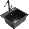 Mexen Milo Granitspüle 1-beckig mit Küchenarmatur Flora, Schwarz/Gold Metallic - 6505-75-670401-57-G