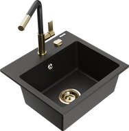 Mexen Milo lava-louça de granito de 1 cuba com torneira de cozinha Flora, preto/dourado metálico - 6505-75-670401-57-G