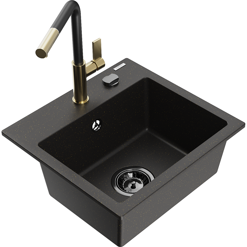 Mexen Milo fregadero de granito de 1 cubeta con grifo de cocina Flora, negro/dorado metálico - 6505-75-670401-57-B