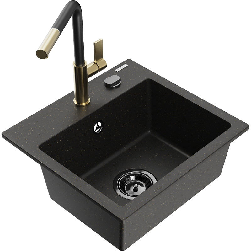 Mexen Milo granit gootsteen 1-bak met keukenmengkraan Flora, zwart/goud metallic - 6505-75-670401-57-B