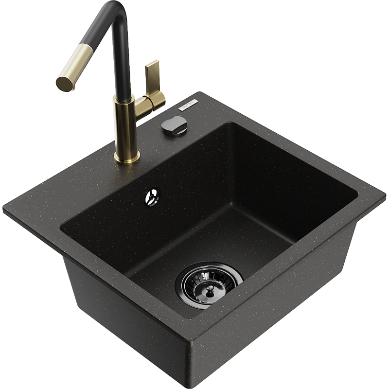 Mexen Milo lava-loiça de granito com 1-cuba e misturadora de cozinha Flora, preto/dourado metálico - 6505-75-670401-57-B