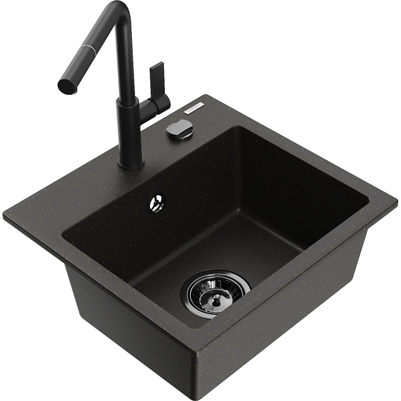 Mexen Milo fregadero de granito de 1 cubeta con grifo de cocina Flora, negro/dorado metálico - 6505-75-670401-70-B