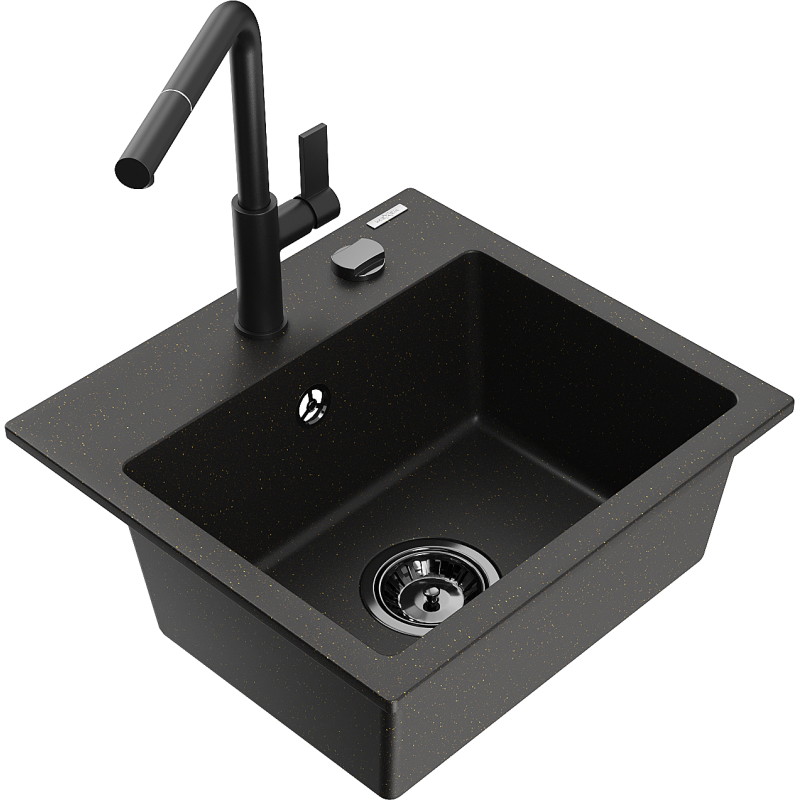 Mexen Milo Granitspüle 1-Becken mit Küchenarmatur Flora, schwarz/gold metallic - 6505-75-670401-70-B