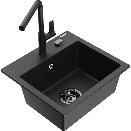 Mexen Milo granitspüle 1-fach mit Küchenarmatur Flora, schwarz/gold metallic - 6505-75-670401-70-B