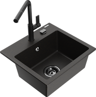 Mexen Milo Granitspüle 1-Becken mit Küchenarmatur Flora, schwarz/goldener Metallic - 6505-75-670401-70-B