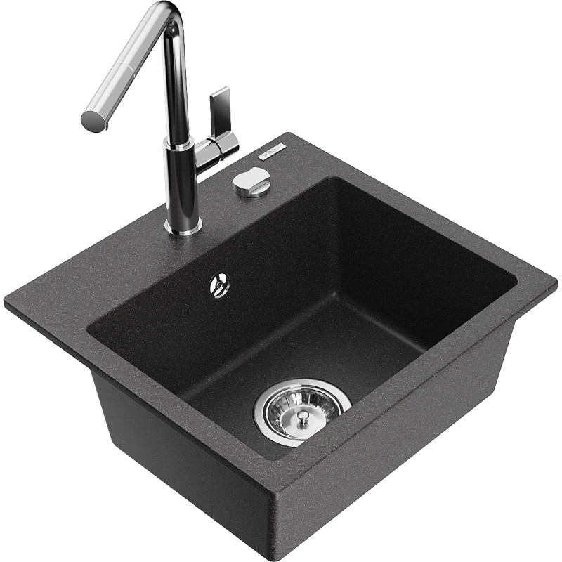 Mexen Milo fregadero de granito de 1 cubeta con grifo de cocina Flora, negro moteado - 6505-76-670401-00