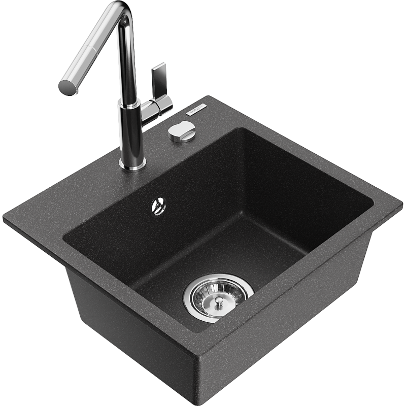 Mexen Milo granite sink 1-bowl with Flora kitchen tap, black speckled - 6505-76-670401-00