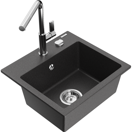 Mexen Milo fregadero de granito de 1 cubeta con grifo de cocina Flora, negro moteado - 6505-76-670401-00