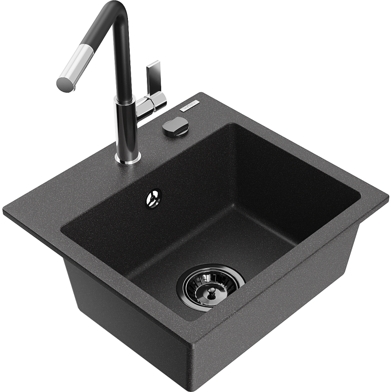 Mexen Milo évier en granit 1 bac avec robinet de cuisine Flora, noir tacheté - 6505-76-670401-07-B