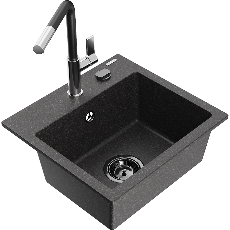 Mexen Milo fregadero de granito de 1 cubeta con grifo de cocina Flora, negro moteado - 6505-76-670401-07-B