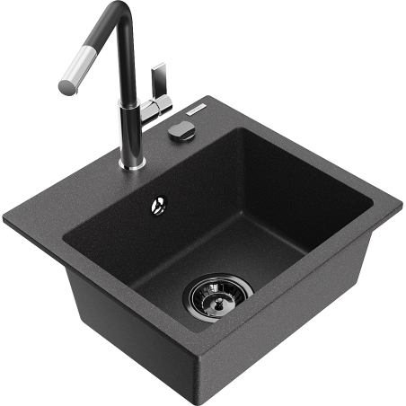 Mexen Milo fregadero de granito de 1 cubeta con grifo de cocina Flora, negro moteado - 6505-76-670401-07-B