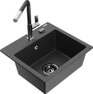 Mexen Milo fregadero de granito de 1 cubeta con grifo de cocina Flora, negro moteado - 6505-76-670401-07-B