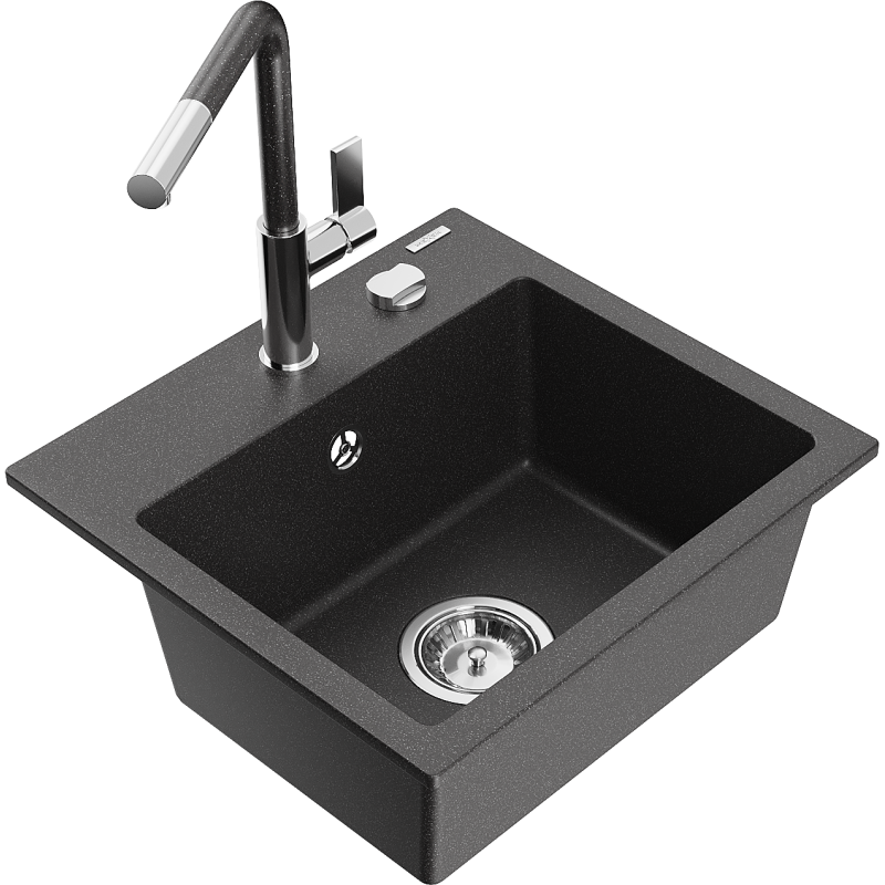 Mexen Milo fregadero de granito de 1 seno con grifo de cocina Flora, negro/dorado metálico - 6505-76-670401-08