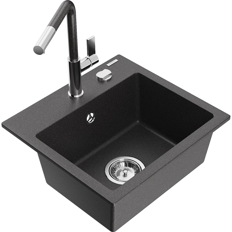 Mexen Milo granite kitchen sink 1-bowl with Flora kitchen faucet, black/gold metallic - 6505-76-670401-08