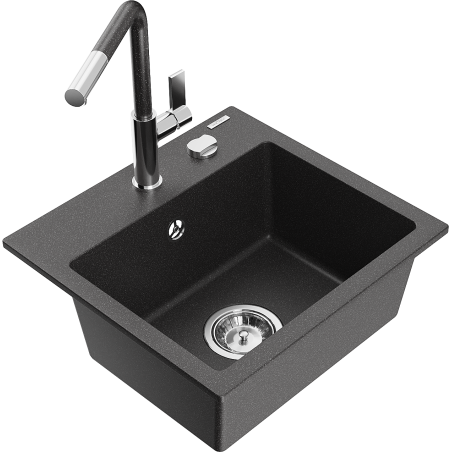 Mexen Milo 1-bowl granite sink with Flora kitchen tap, black/gold metallic - 6505-76-670401-08