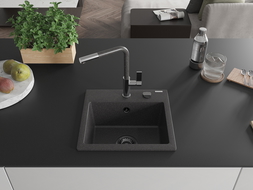 Mexen Milo Granit Kichebecken mat enger Schoss an der Flora-Kichenbatterie, schwaarz gesprenkelt - 6505-76-670401-08-B