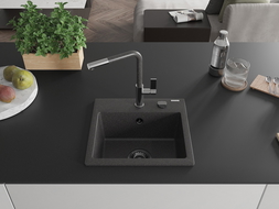 Mexen Milo lavello in granito a 1 vasca con miscelatore da cucina Flora, nero maculato - 6505-76-670401-08-B