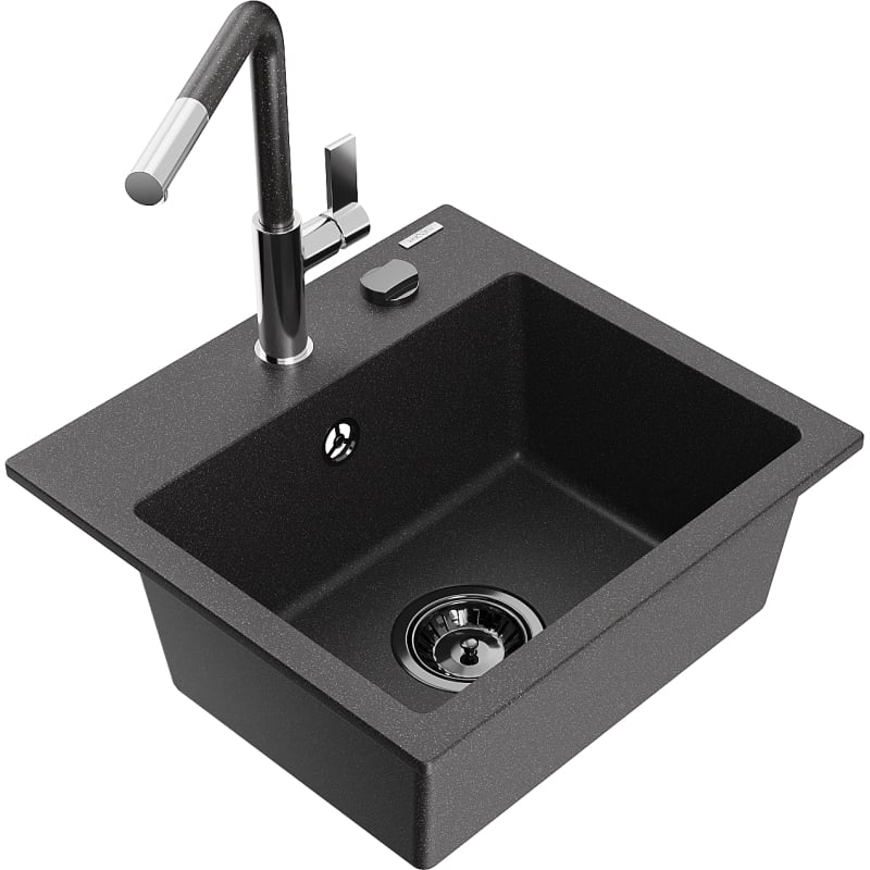 Mexen Milo 1-bowl granite sink with Flora kitchen faucet, speckled black - 6505-76-670401-08-B