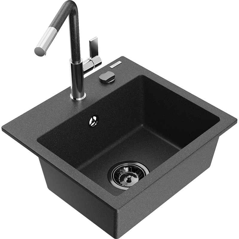 Mexen Milo granite sink 1-bowl with Flora kitchen tap, black speckled - 6505-76-670401-08-B