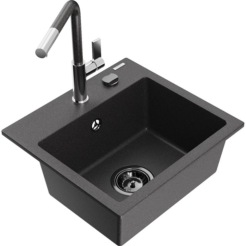 Mexen Milo lava-loiça de granito de 1 cuba com torneira de cozinha Flora, preto salpicado - 6505-76-670401-08-B