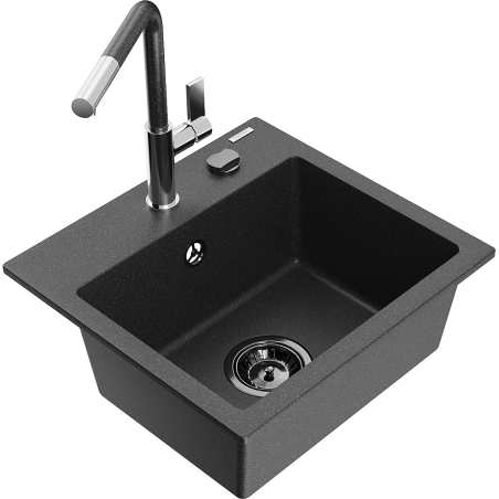 Mexen Milo granite sink 1-bowl with Flora kitchen tap, black speckled - 6505-76-670401-08-B