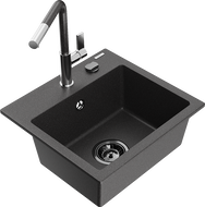 Mexen Milo Granit Kichebecken mat enger Schoss an der Flora-Kichenbatterie, schwaarz gesprenkelt - 6505-76-670401-08-B