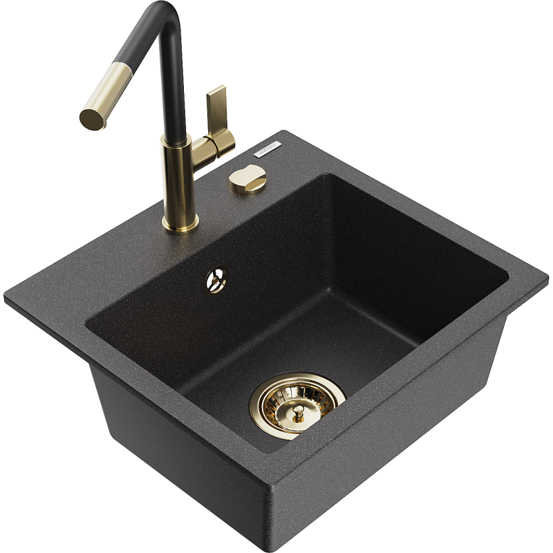Mexen Milo fregadero de granito de 1 seno con grifo de cocina Flora, negro moteado - 6505-76-670401-57-G
