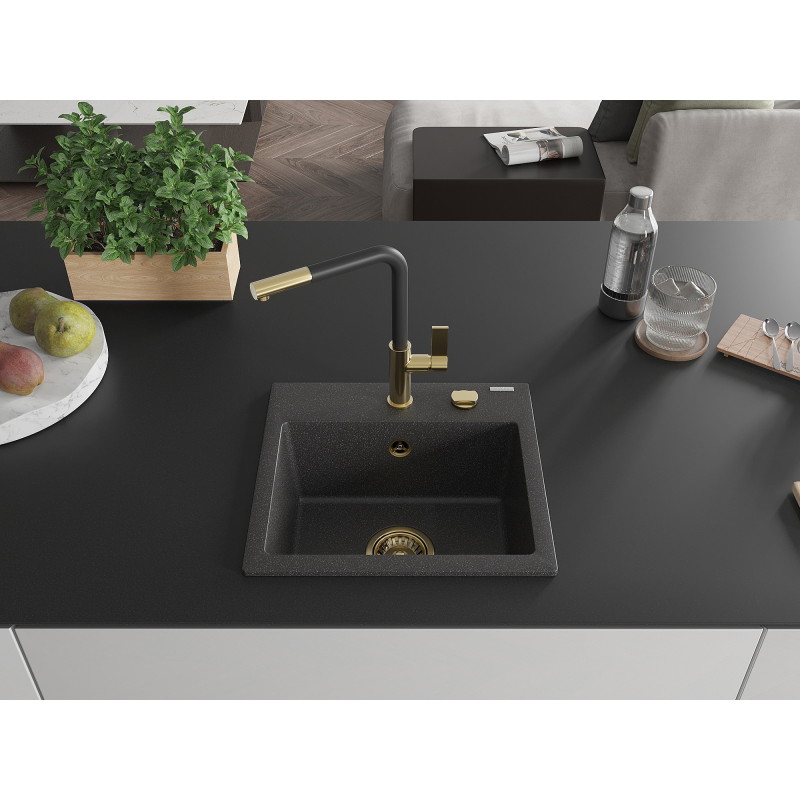 Mexen Milo fregadero de granito de 1 cubeta con grifo de cocina Flora, negro moteado - 6505-76-670401-57-G
