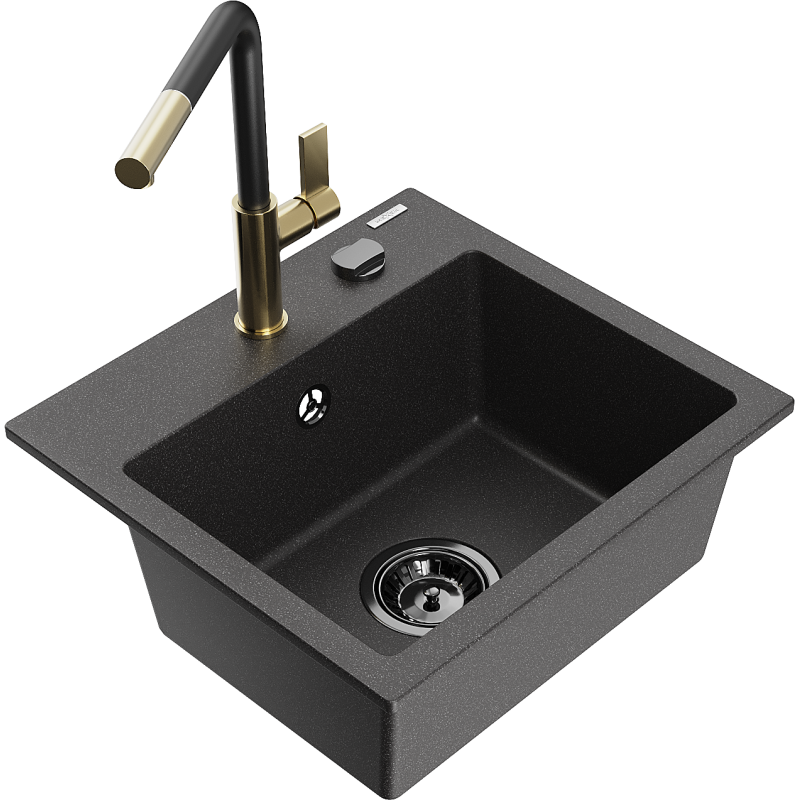 Mexen Milo fregadero de granito 1-cámara con grifo de cocina Flora, negro moteado - 6505-76-670401-57-B
