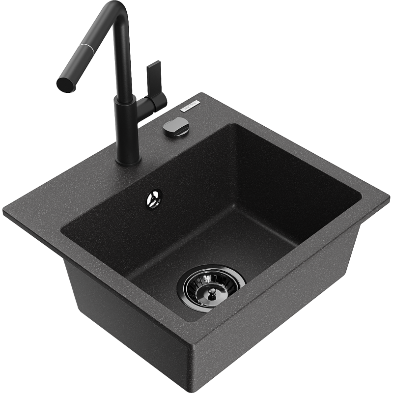 Mexen Milo 1-bowl granite sink with Flora kitchen tap, black speckled - 6505-76-670401-70-B