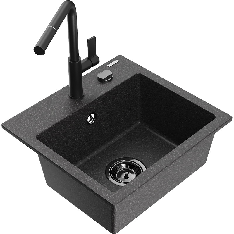 Mexen Milo fregadero de granito de 1 tazón con grifo de cocina Flora, negro moteado - 6505-76-670401-70-B