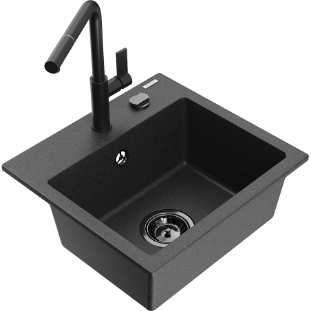 Mexen Milo 1-bowl granite sink with Flora kitchen faucet, speckled black - 6505-76-670401-70-B