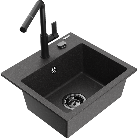 Mexen Milo fregadero de granito de 1 tazón con grifo de cocina Flora, negro moteado - 6505-76-670401-70-B
