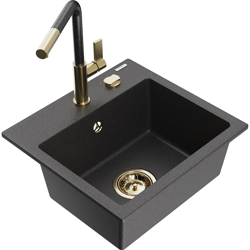 Mexen Milo fregadero de granito de 1 cubeta con grifo de cocina Flora, negro moteado - 6505-76-670401-75-G