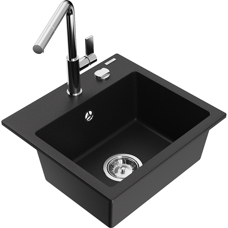 Mexen Milo fregadero de granito 1-cubeta con grifo de cocina Flora, negro - 6505-77-670401-00