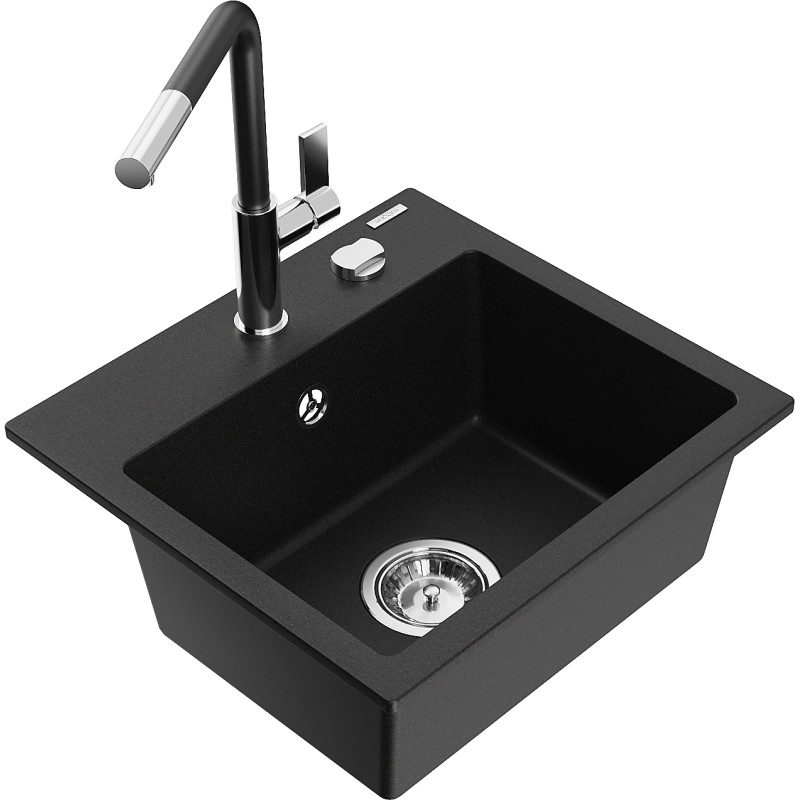 Mexen Milo évier en granit 1 bac avec robinet de cuisine Flora, noir - 6505-77-670401-07