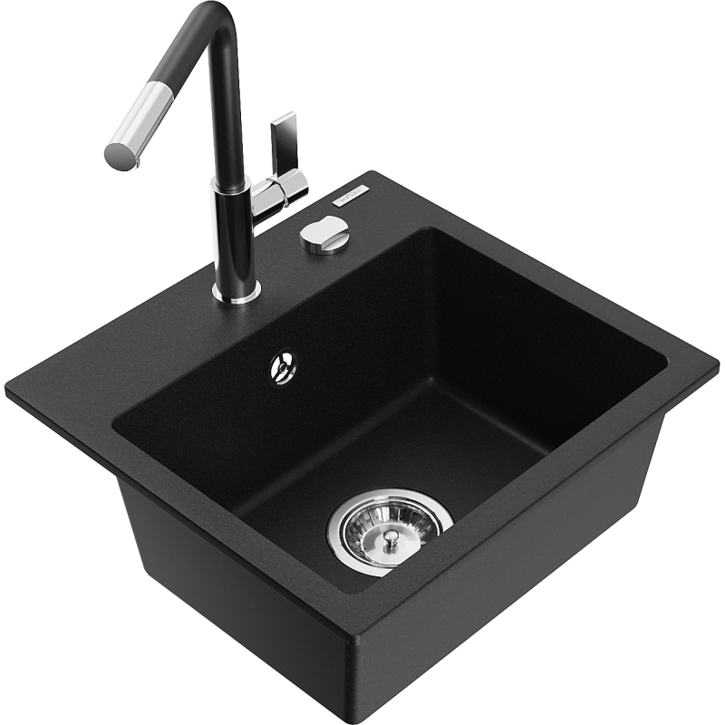 Mexen Milo fregadero de granito de 1 compartimento con grifo de cocina Flora, negro - 6505-77-670401-07