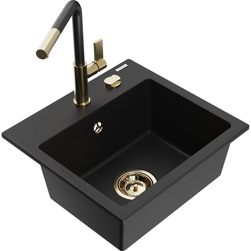 Mexen Milo évier en granit 1 bac avec robinet de cuisine Flora, noir - 6505-77-670401-57-G